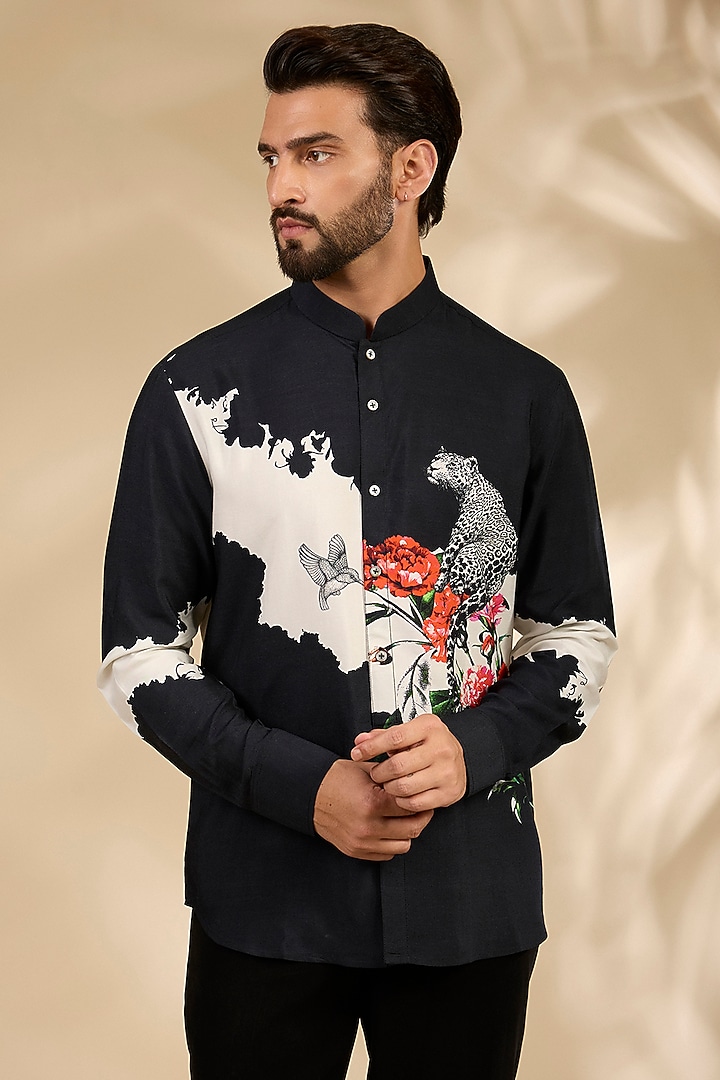 Black Poplin Party Wear Shirt by Rohit Bal Men at Pernia's Pop Up Shop