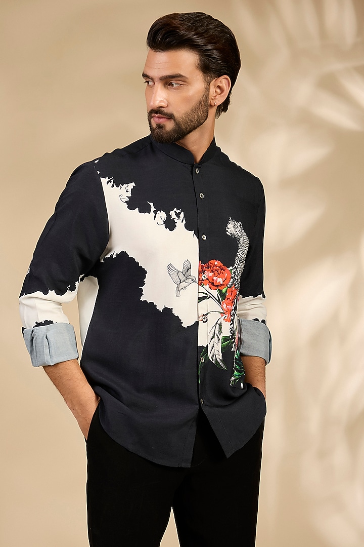 Black Poplin Party Wear Shirt by Rohit Bal Men at Pernia's Pop Up Shop