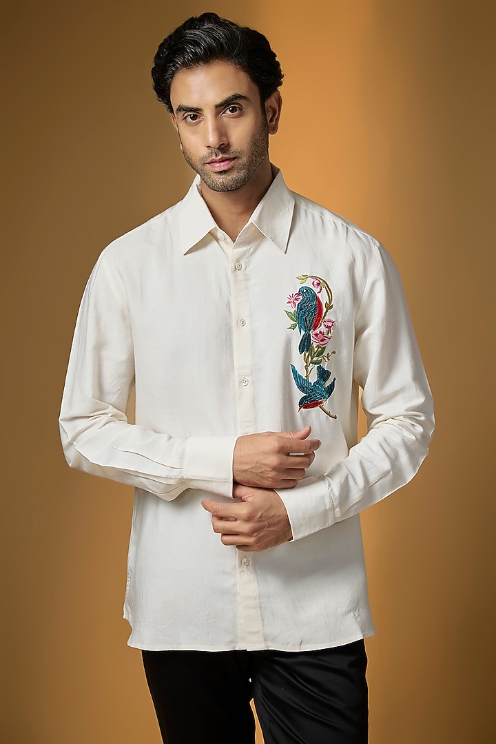 Ivory Poplin Party Wear Shirt by Rohit Bal Men at Pernia's Pop Up Shop