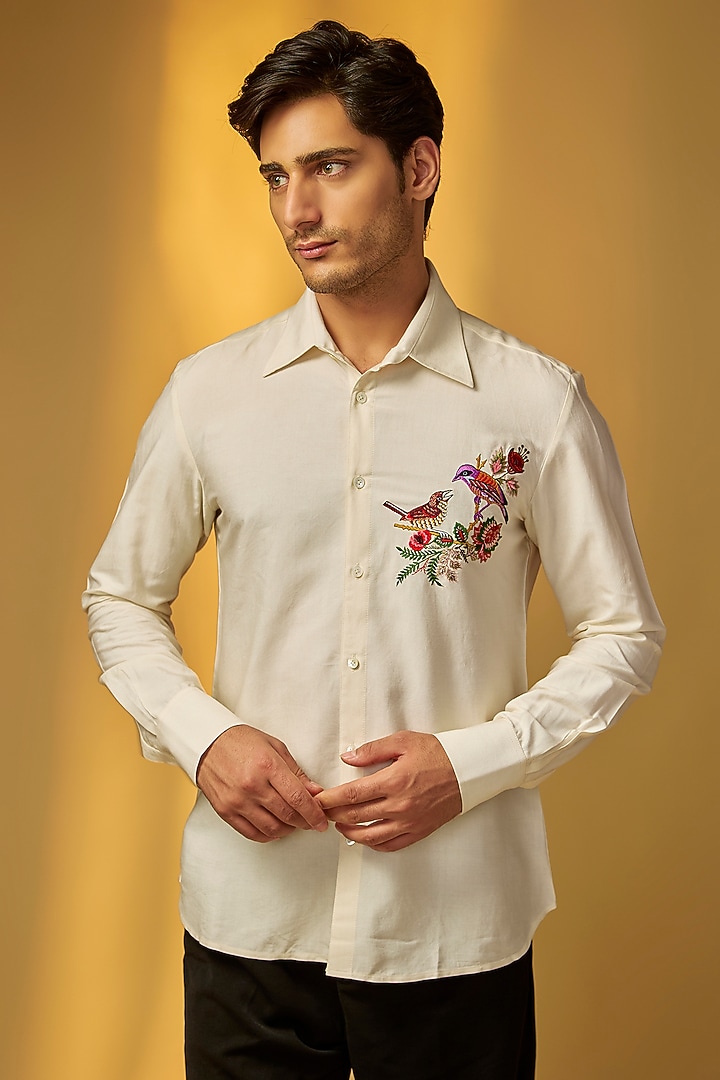 Ivory Poplin Party Wear Shirt by Rohit Bal Men at Pernia's Pop Up Shop