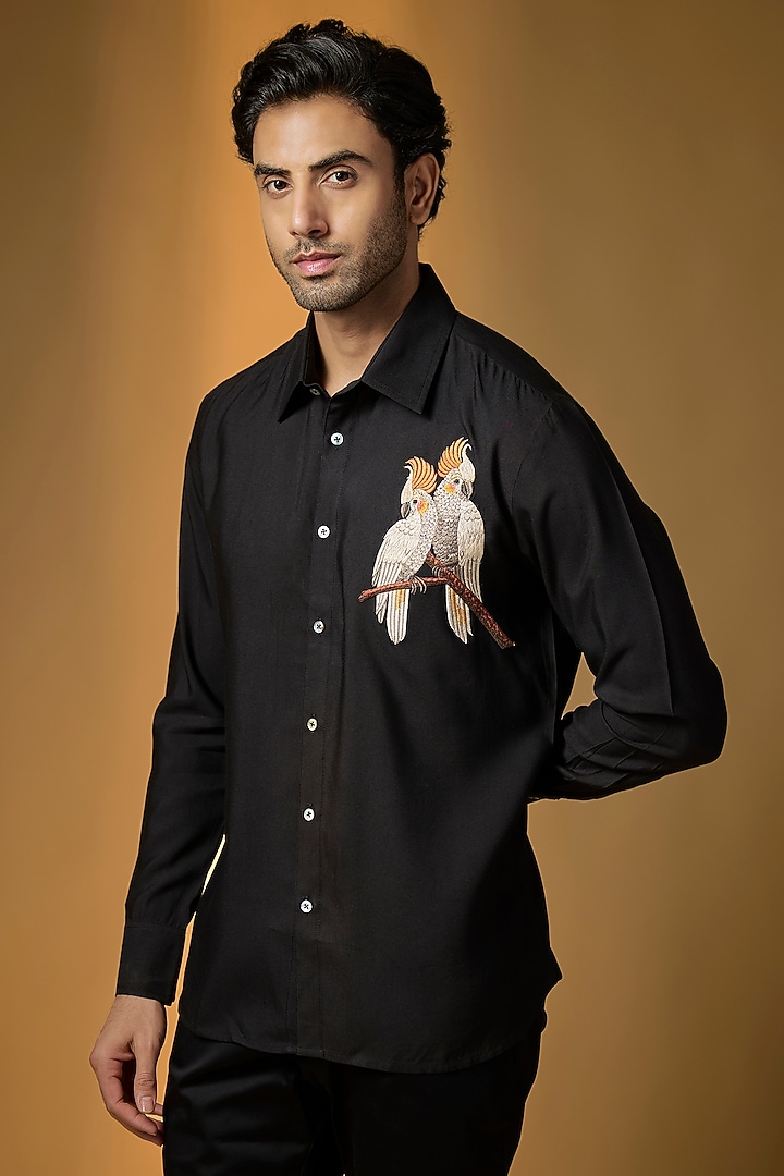 Black Poplin Wedding Shirt by Rohit Bal Men at Pernia's Pop Up Shop
