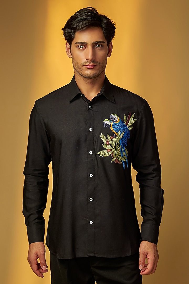 Black Poplin Wedding Shirt by Rohit Bal Men at Pernia's Pop Up Shop