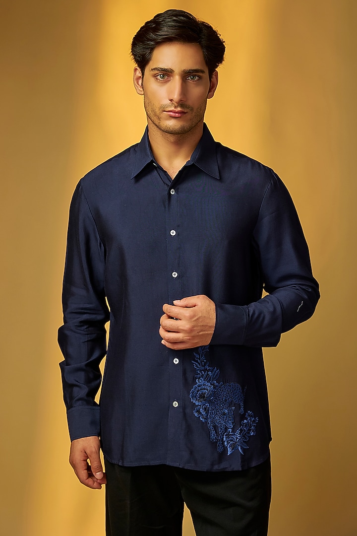 Indigo Poplin Party Wear Shirt by Rohit Bal Men at Pernia's Pop Up Shop
