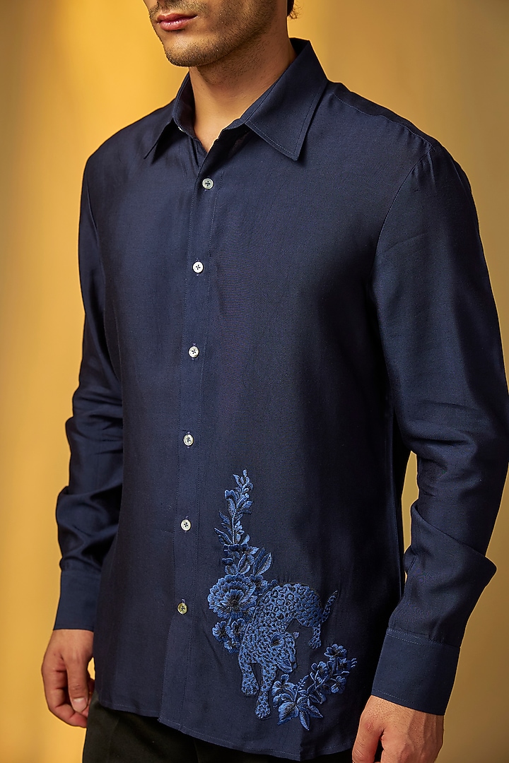Indigo Poplin Party Wear Shirt by Rohit Bal Men at Pernia's Pop Up Shop