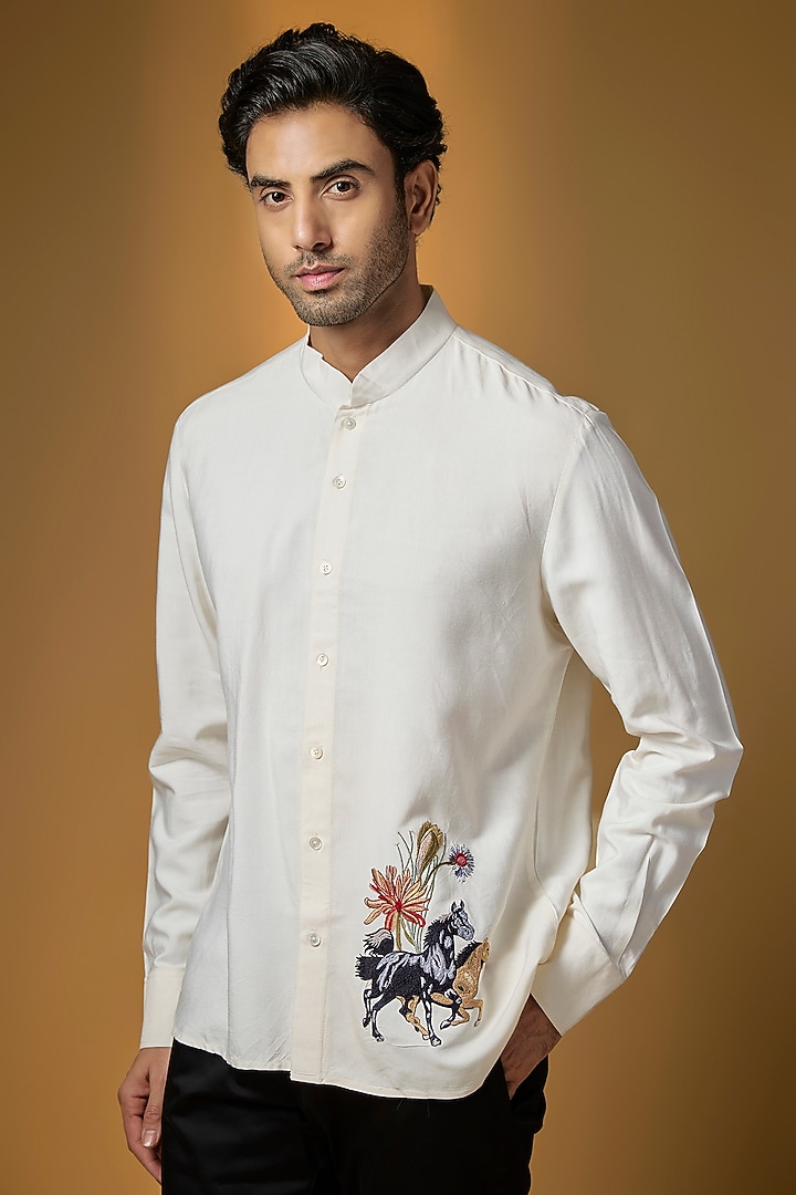 Ivory Poplin Party Wear Shirt by Rohit Bal Men at Pernia's Pop Up Shop