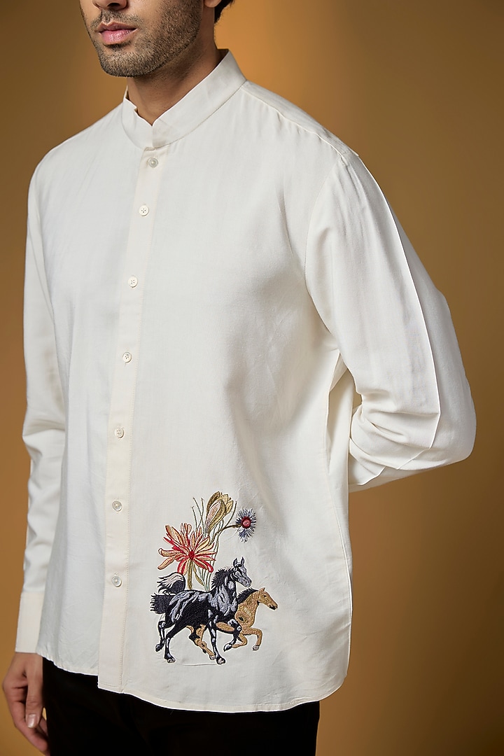 Ivory Poplin Party Wear Shirt by Rohit Bal Men at Pernia's Pop Up Shop