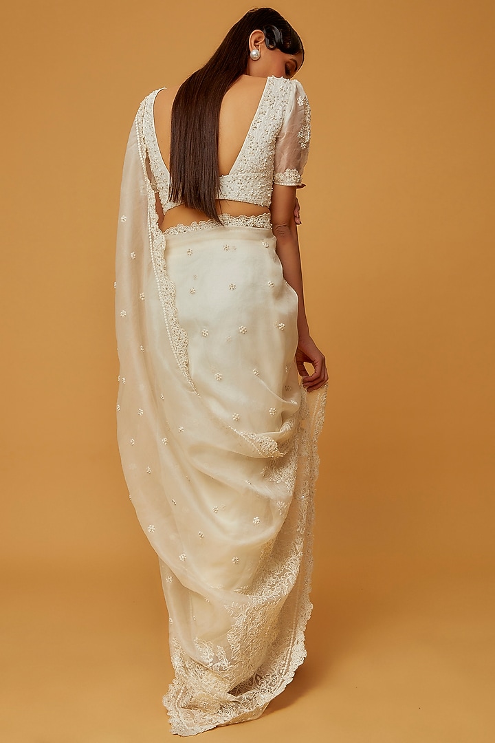 White Organza Hand Embroidered Wedding Saree Set by Ranbir Mukherjee at Pernia's Pop Up Shop