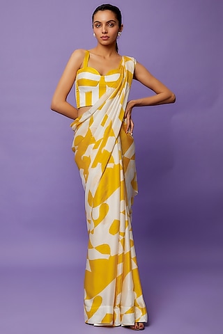 Yellow & White Satin Printed Saree Set by Ranbir Mukherjee
