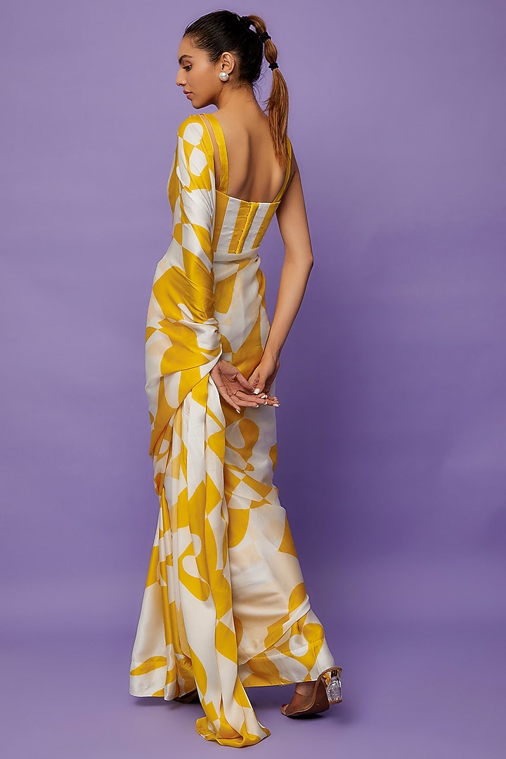 Yellow & White Satin Printed Festive Saree Set by Ranbir Mukherjee at Pernia's Pop Up Shop