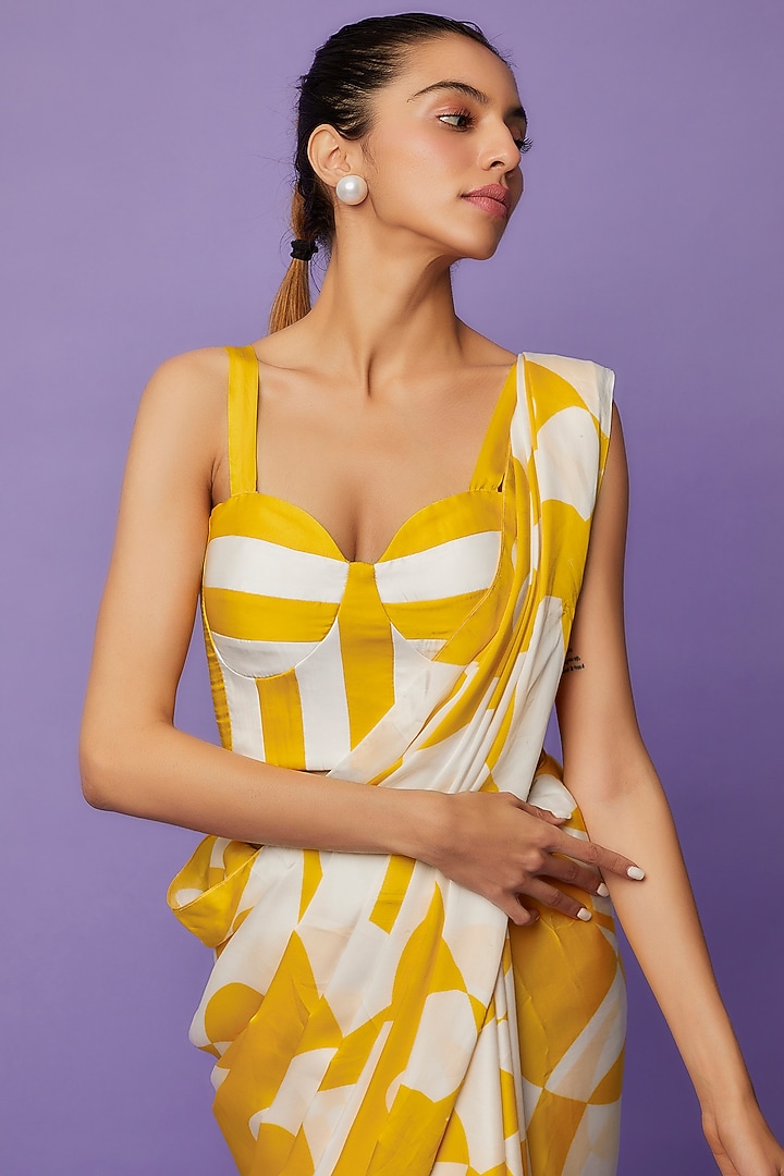 Yellow & White Satin Printed Festive Saree Set by Ranbir Mukherjee at Pernia's Pop Up Shop