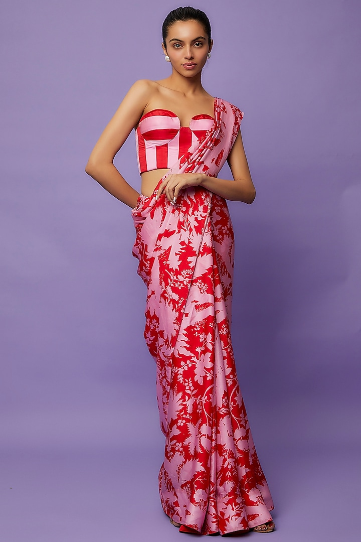 Red & Pink Natural Satin Floral Printed Saree Set by Ranbir Mukherjee at Pernia's Pop Up Shop