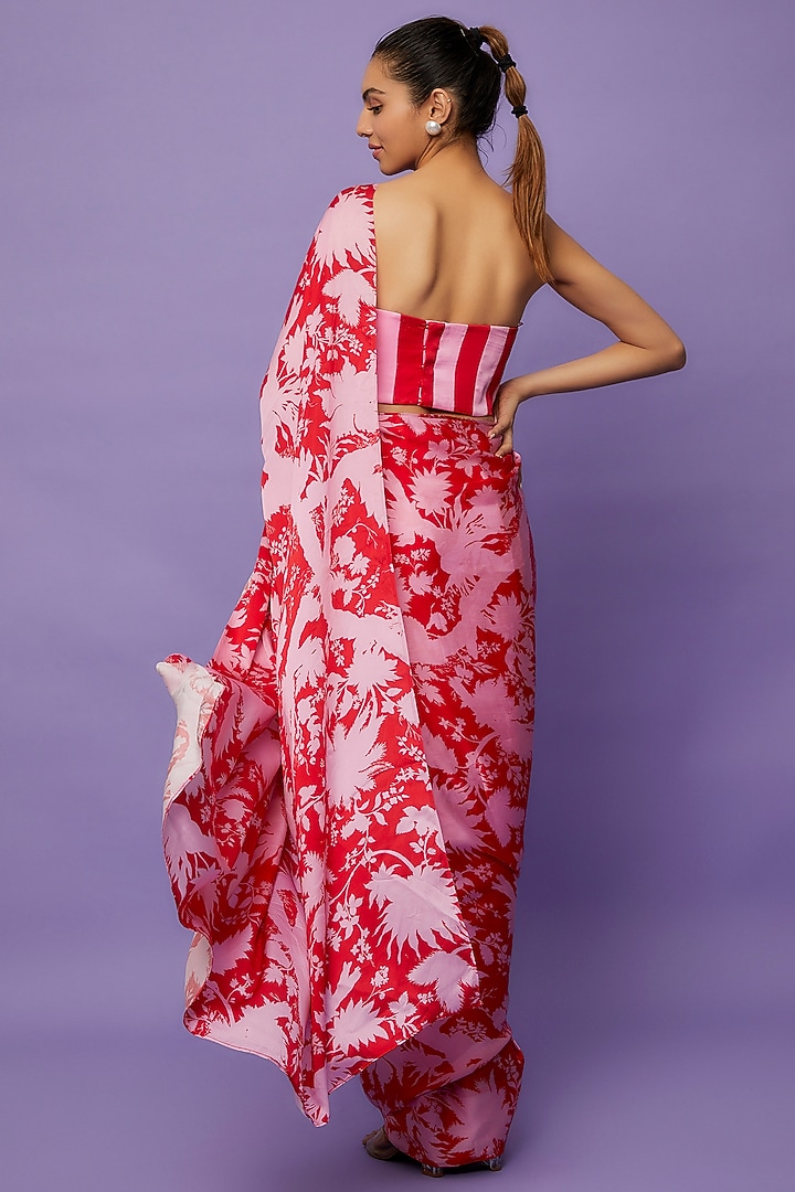 Red & Pink Natural Satin Floral Printed Festive Saree Set by Ranbir Mukherjee at Pernia's Pop Up Shop