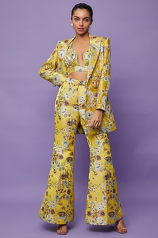 Yellow Silk Woven Double Breasted Blazer Set by Ranbir Mukherjee