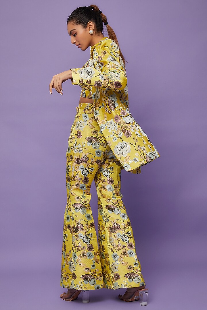 Yellow Silk Woven Double Breasted Blazer Set by Ranbir Mukherjee at Pernia's Pop Up Shop