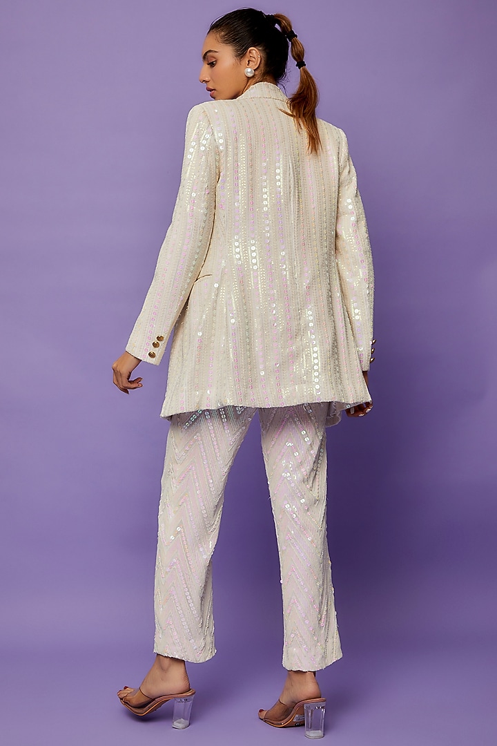 White Sequins Embroidered Blazer Set by Ranbir Mukherjee at Pernia's Pop Up Shop