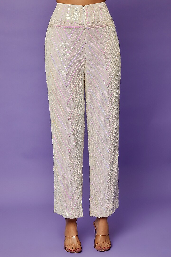 White Sequins Embroidered Blazer Set by Ranbir Mukherjee at Pernia's Pop Up Shop