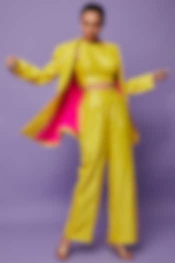 Yellow Silk Double Breasted Blazer Set by Ranbir Mukherjee