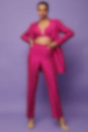 Hot Pink Silk Double Breasted Blazer Set by Ranbir Mukherjee