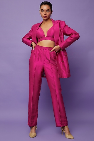 Hot Pink Silk Double Breasted Blazer Set by Ranbir Mukherjee