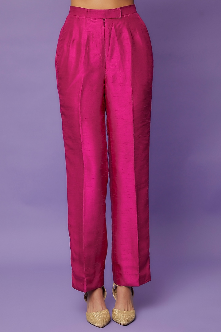 Hot Pink Silk Double Breasted Blazer Set by Ranbir Mukherjee at Pernia's Pop Up Shop