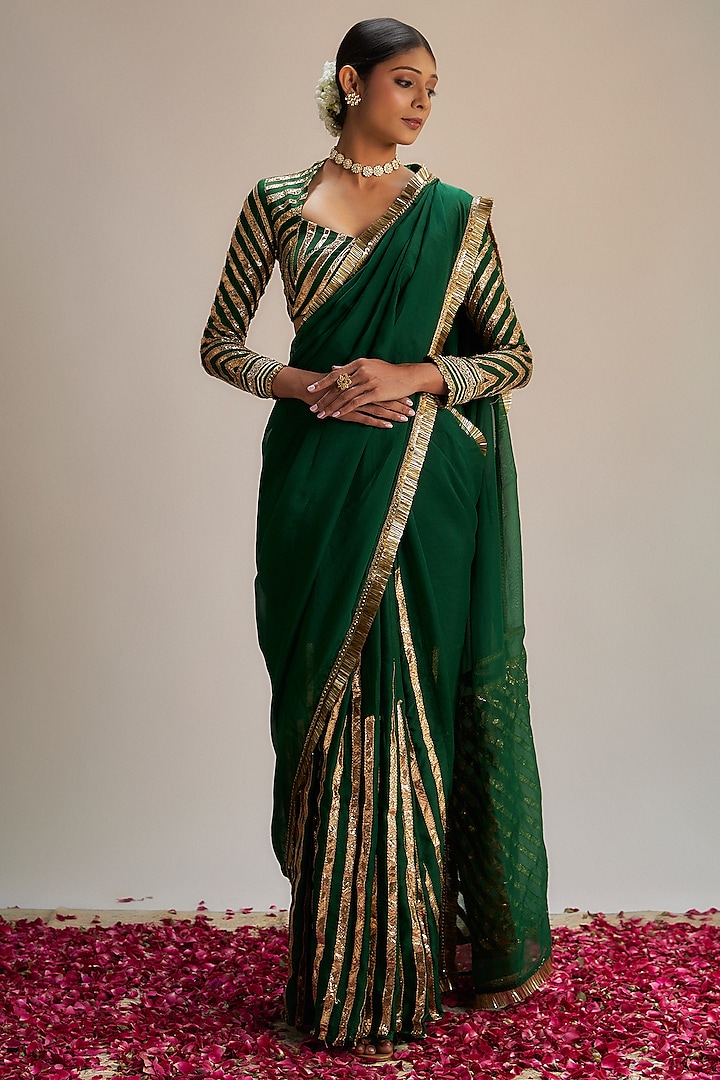 Dark Green Modal Silk Gota Work Saree Set by Ranbir Mukherjee