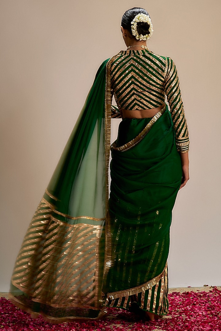 Dark Green Modal Silk Gota Work Party Wear Saree Set by Ranbir Mukherjee at Pernia's Pop Up Shop