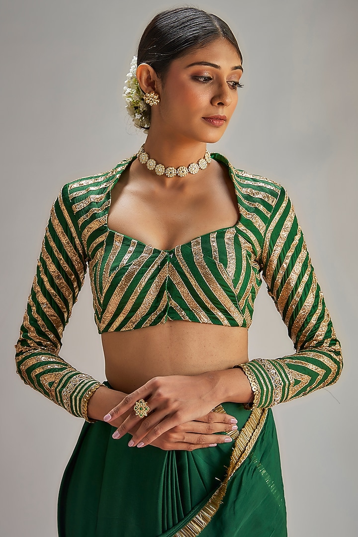 Dark Green Modal Silk Gota Work Party Wear Saree Set by Ranbir Mukherjee at Pernia's Pop Up Shop