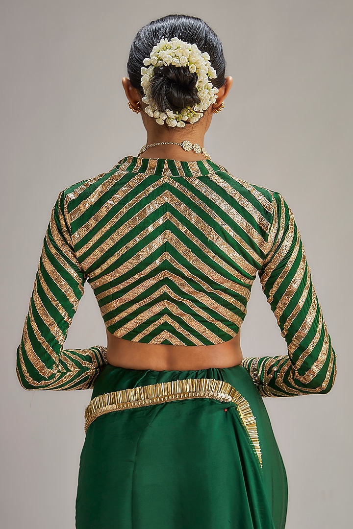 Dark Green Modal Silk Gota Work Party Wear Saree Set by Ranbir Mukherjee at Pernia's Pop Up Shop