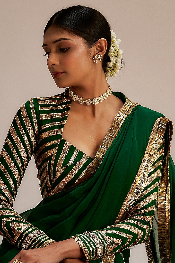 Dark Green Modal Silk Gota Work Party Wear Saree Set by Ranbir Mukherjee at Pernia's Pop Up Shop