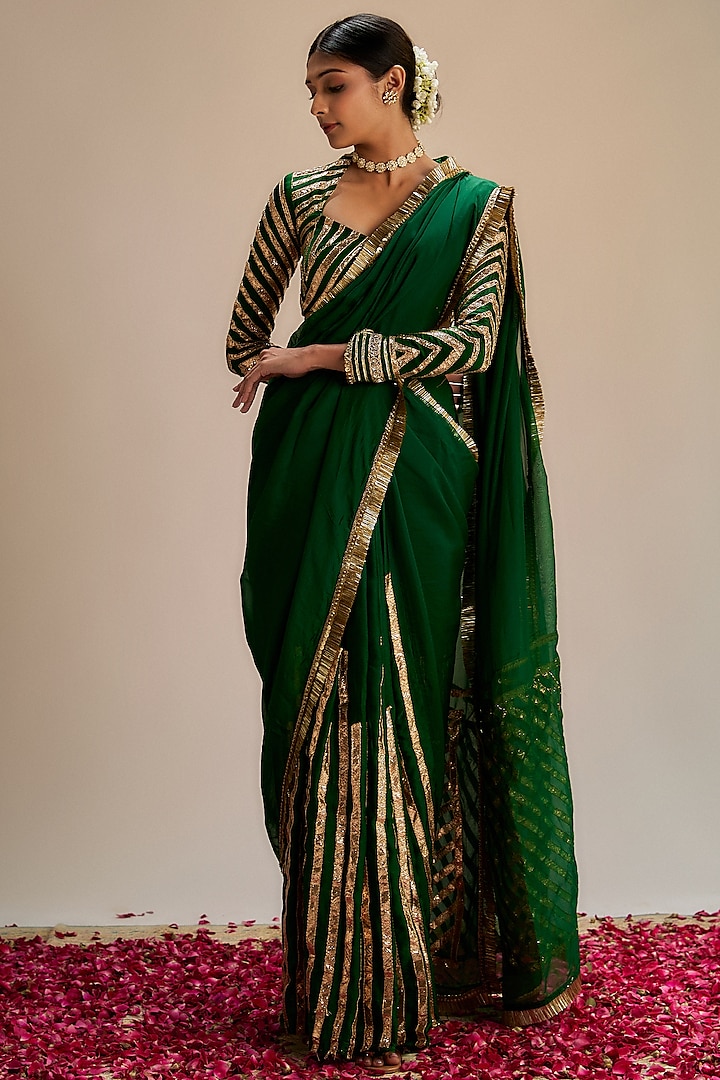 Dark Green Modal Silk Gota Work Party Wear Saree Set by Ranbir Mukherjee at Pernia's Pop Up Shop