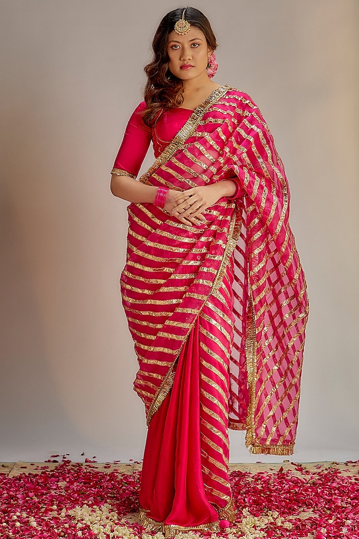 Pink Modal Silk Gota Work Saree Set by Ranbir Mukherjee