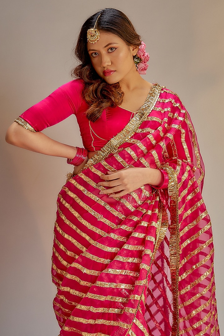Pink Modal Silk Gota Work Party Wear Saree Set by Ranbir Mukherjee at Pernia's Pop Up Shop