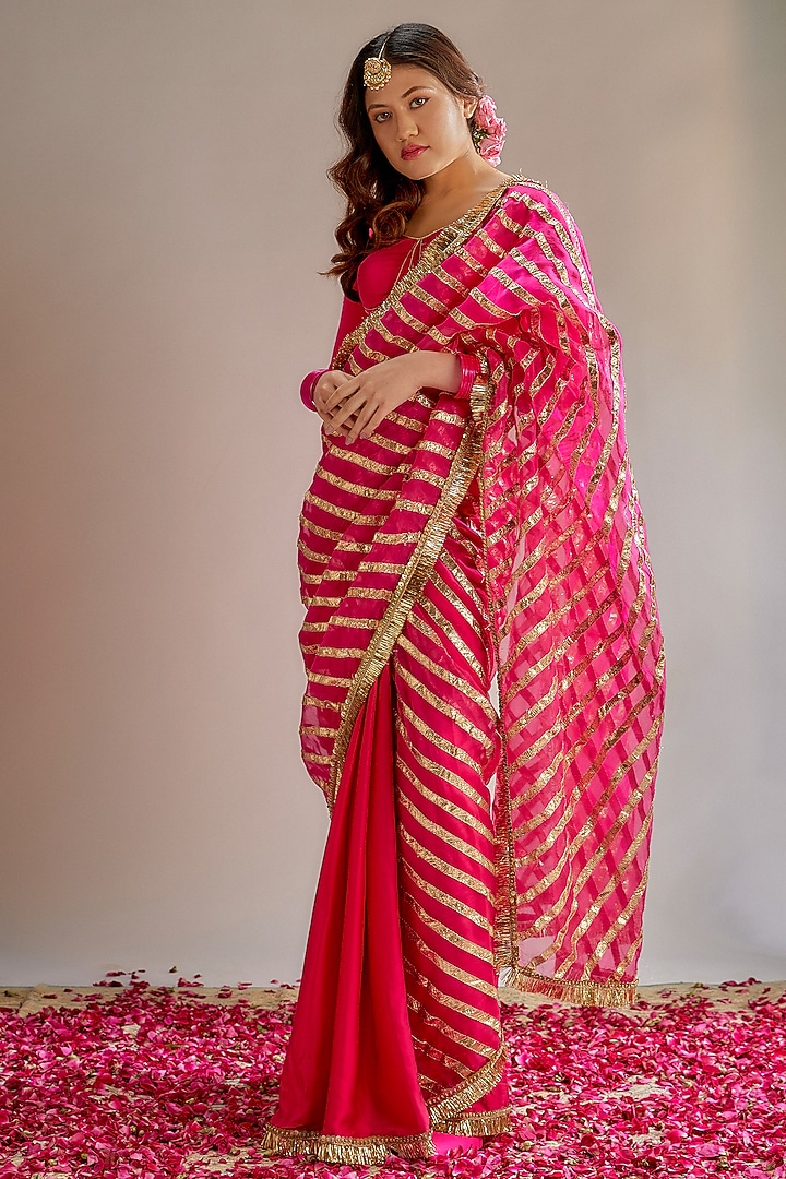 Pink Modal Silk Gota Work Party Wear Saree Set by Ranbir Mukherjee at Pernia's Pop Up Shop