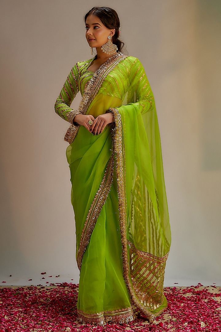 Green Organza Jaal & Lace Hand Embroidered Saree Set by Ranbir Mukherjee at Pernia's Pop Up Shop