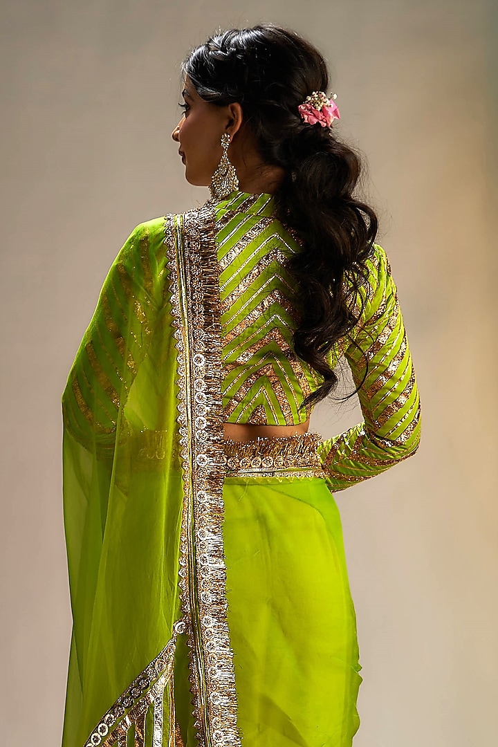 Green Organza Jaal & Lace Hand Embroidered Wedding Saree Set by Ranbir Mukherjee at Pernia's Pop Up Shop