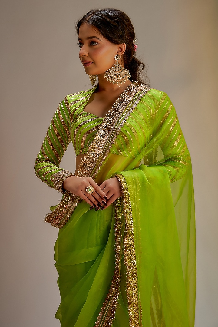Green Organza Jaal & Lace Hand Embroidered Wedding Saree Set by Ranbir Mukherjee at Pernia's Pop Up Shop