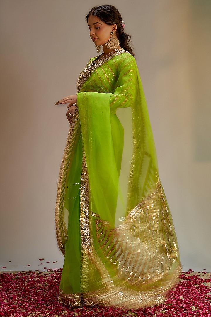 Green Organza Jaal & Lace Hand Embroidered Wedding Saree Set by Ranbir Mukherjee at Pernia's Pop Up Shop