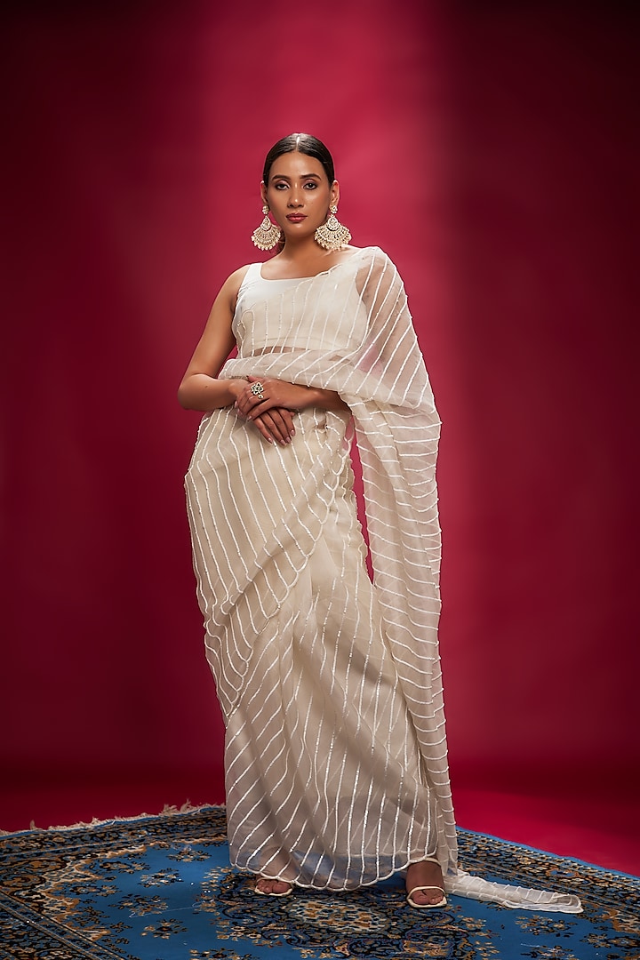 White Organza Sequins Saree Set by Ranbir Mukherjee at Pernia's Pop Up Shop