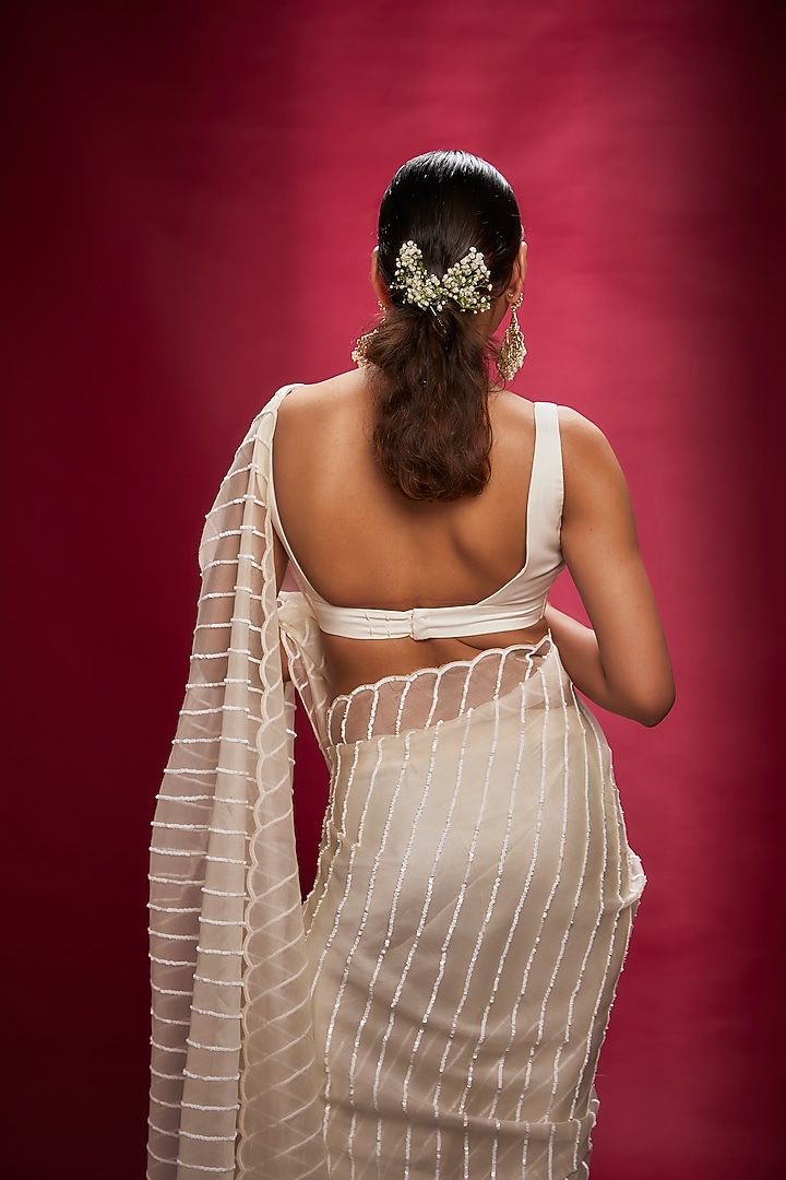 White Organza Sequins Wedding Saree Set by Ranbir Mukherjee at Pernia's Pop Up Shop