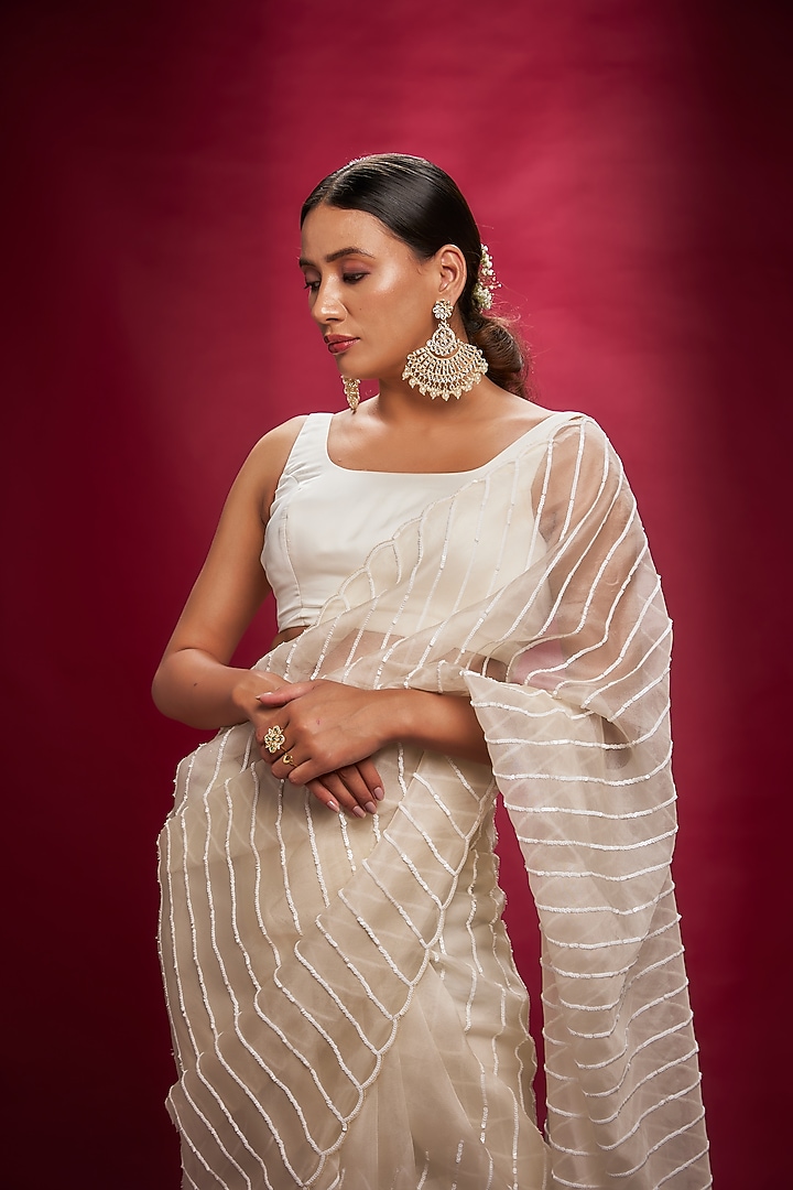 White Organza Sequins Wedding Saree Set by Ranbir Mukherjee at Pernia's Pop Up Shop