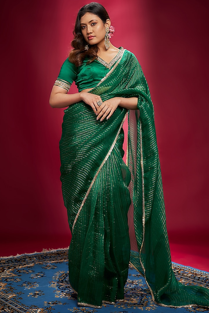 Green Organza Gota Work Saree Set by Ranbir Mukherjee at Pernia's Pop Up Shop