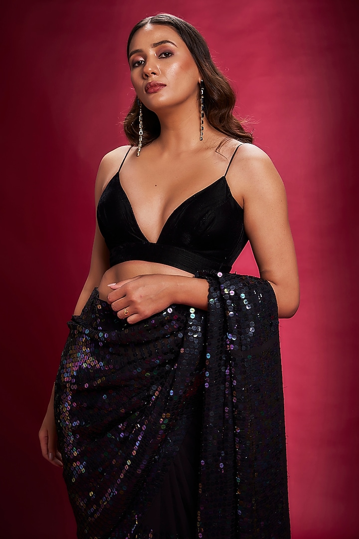 Black Sequins Wedding Saree Set by Ranbir Mukherjee at Pernia's Pop Up Shop