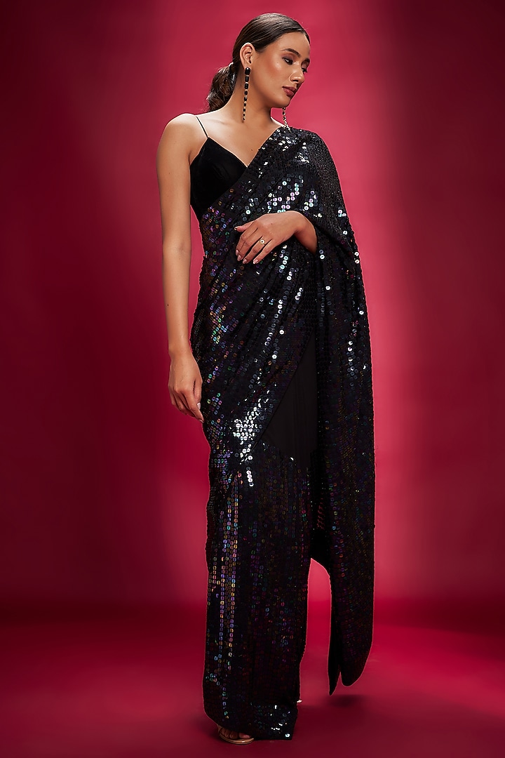 Black Sequins Wedding Saree Set by Ranbir Mukherjee at Pernia's Pop Up Shop