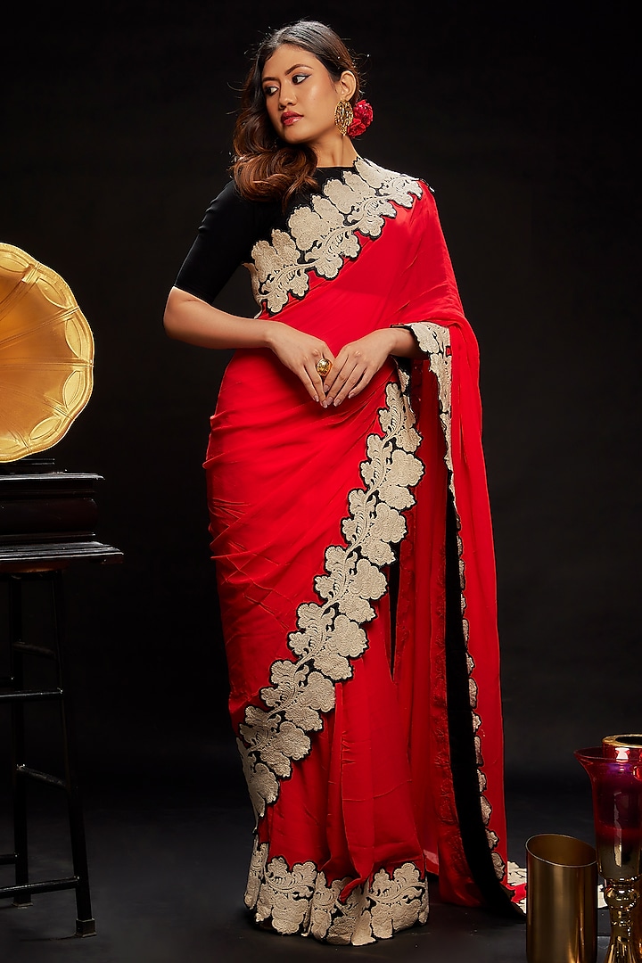 Red Georgette Floral Saree Vintage Saree Set by Ranbir Mukherjee