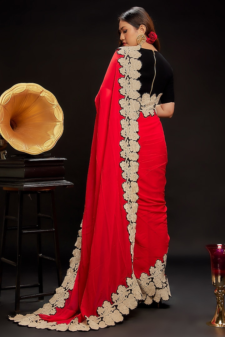 Red Georgette Floral Party Wear Saree Vintage Party Wear Saree Set by Ranbir Mukherjee at Pernia's Pop Up Shop