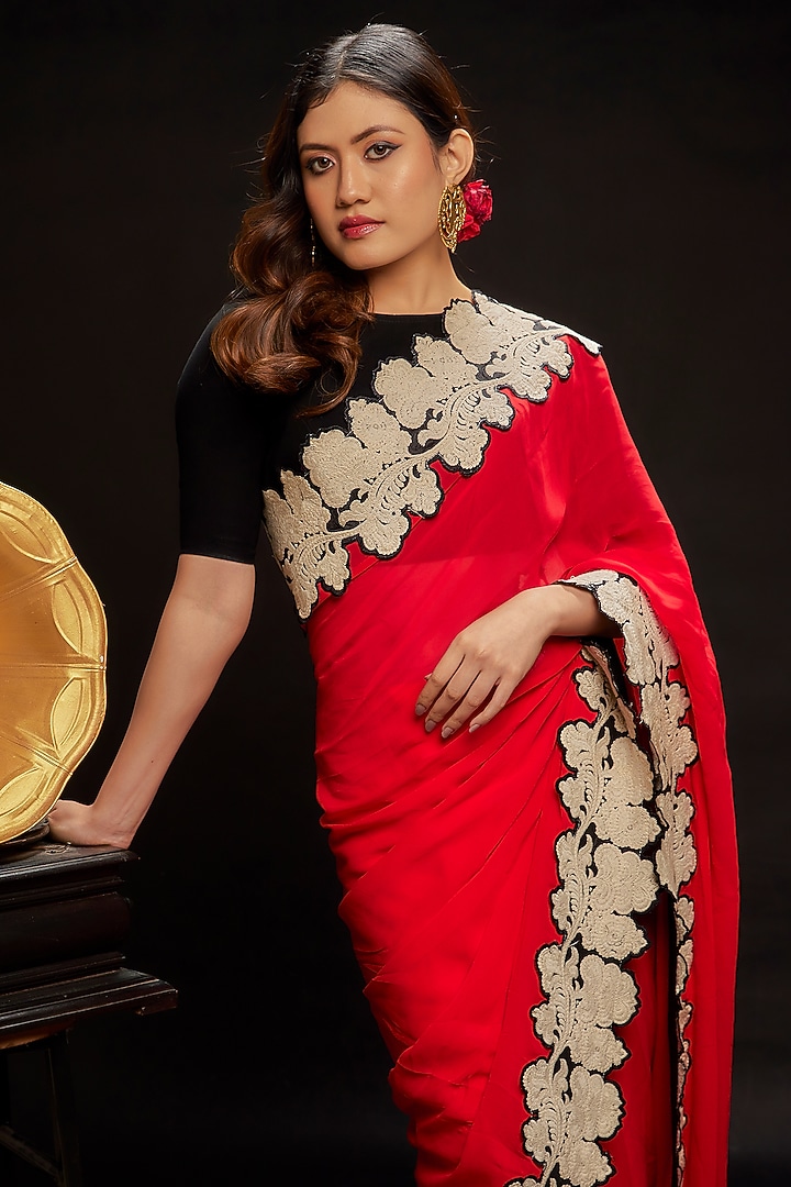 Red Georgette Floral Party Wear Saree Vintage Party Wear Saree Set by Ranbir Mukherjee at Pernia's Pop Up Shop