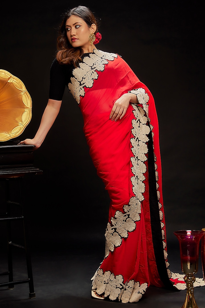 Red Georgette Floral Party Wear Saree Vintage Party Wear Saree Set by Ranbir Mukherjee at Pernia's Pop Up Shop