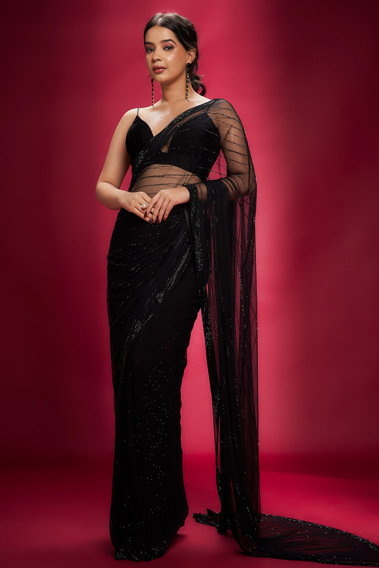 Buy Black Stone Embellished Saree In Satin