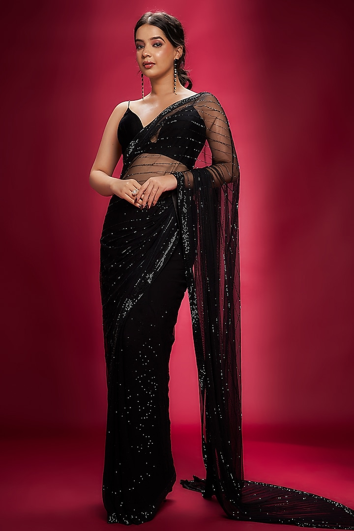 Black Georgette & Net Stone Saree Set by Ranbir Mukherjee
