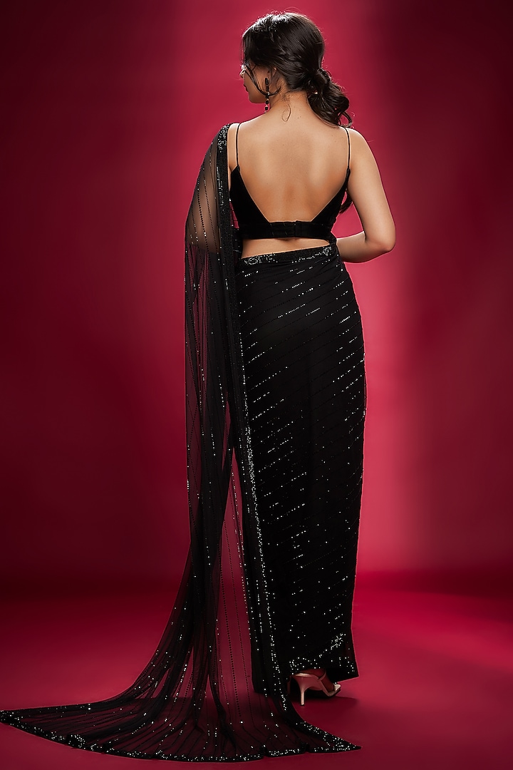 Black Georgette & Net Stone Wedding Saree Set by Ranbir Mukherjee at Pernia's Pop Up Shop